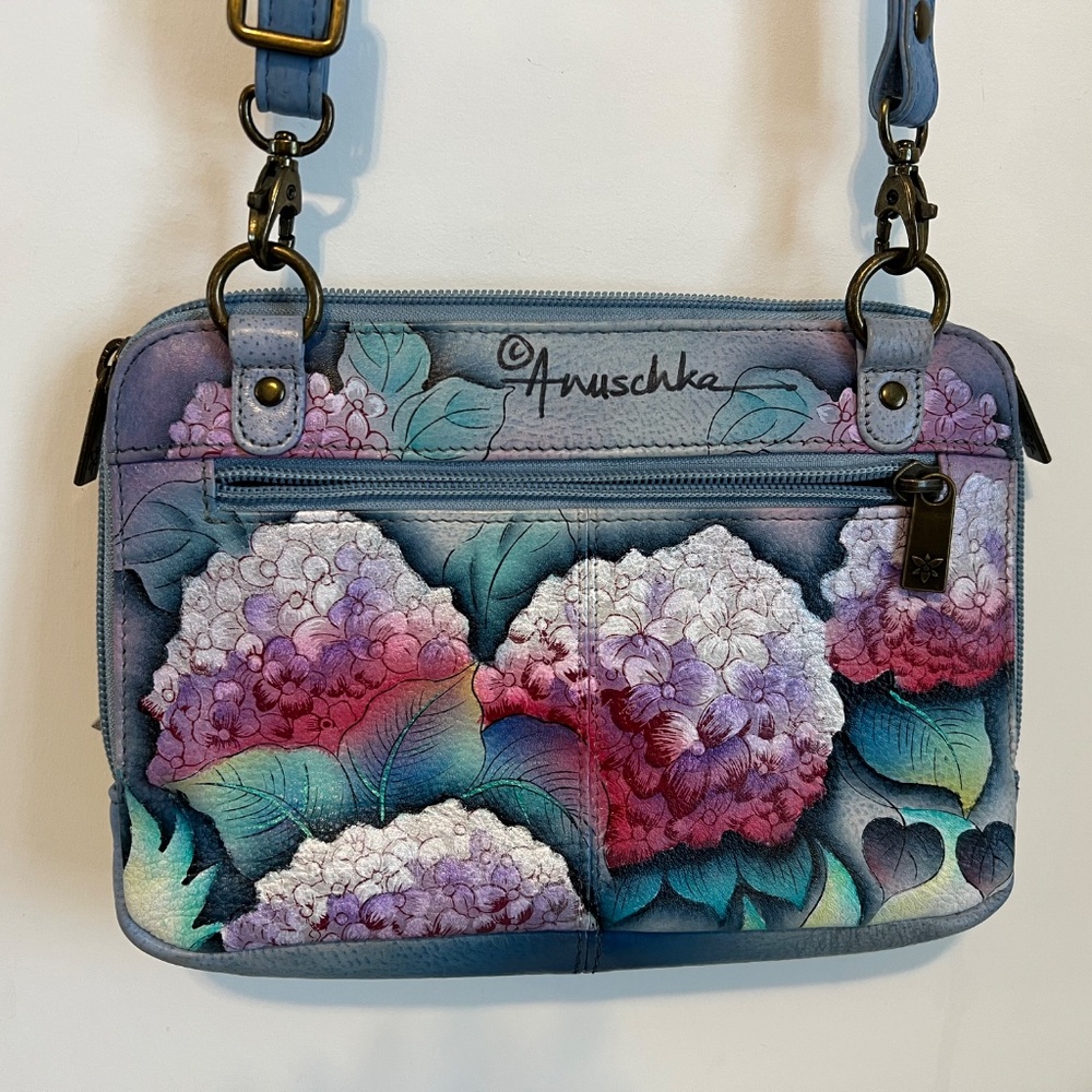Anuschka Hand-Painted Floral Crossbody Bag in Blue, Teal, Purple, Pink